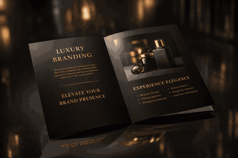 Luxury brochure design mock-up with matte black pages, gold typography, and cinematic lighting showcasing premium branding design