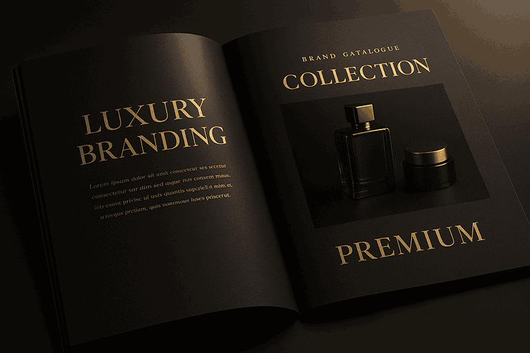 Luxury catalogue designing mockup featuring matte black pages, gold typography accents, cinematic lighting, reflective surface, and premium product photography.