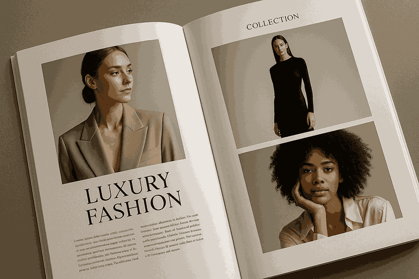 Luxury fashion catalogue design featuring studio models, minimalist layout, and magazine-style editorial photography