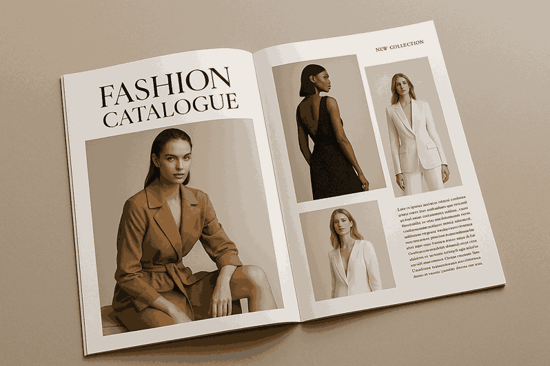 Luxury fashion CATALOGUE DESIGN featuring studio-lit models, minimalist layout and high-end editorial photography