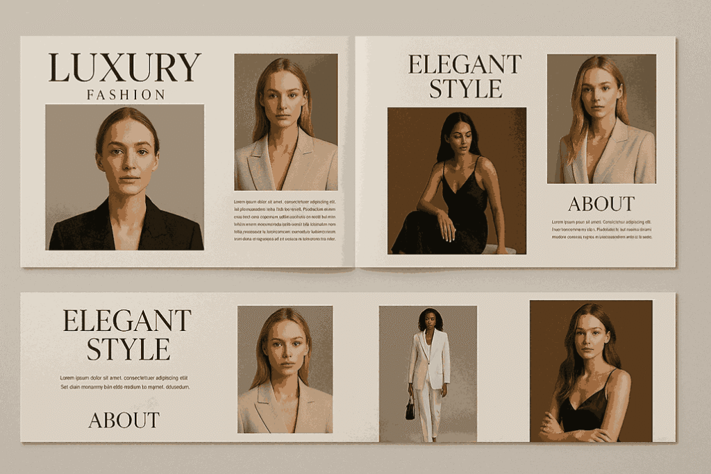 Luxury fashion catalogue design in landscape layout featuring studio photography, minimalist typography, and magazine style visuals by a catalogue maker near me