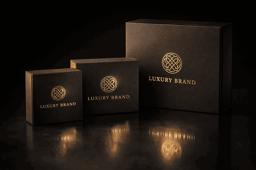 Luxury product packaging design with matte black boxes and gold foil logo embossing by a product packaging designing company near me