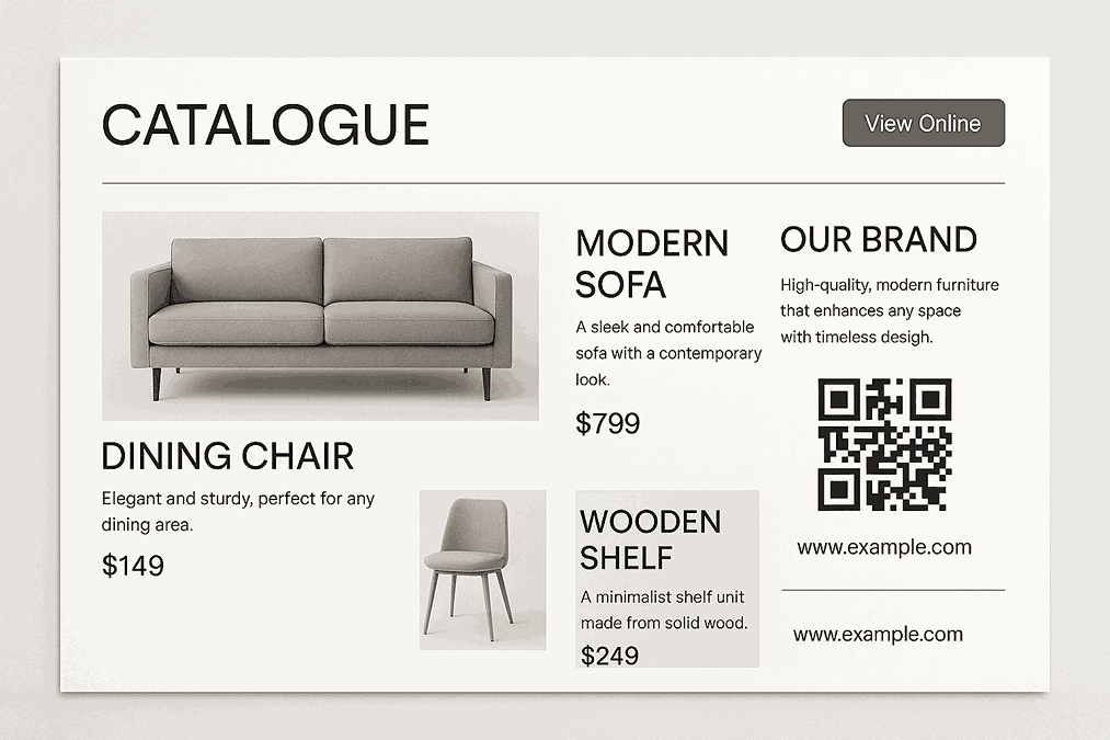 Modern catalogue design landscape layout featuring clean minimal sections, strong visual hierarchy, product images, CTAs, QR codes, and consistent branding.