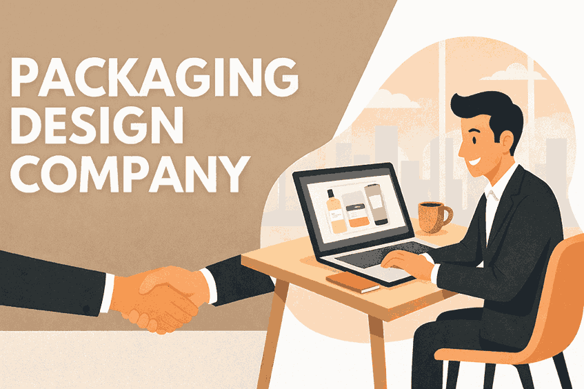 Packaging design company cover image showing professional packaging designer working on product packaging with modern business illustration