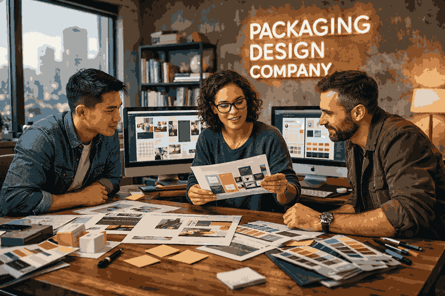 Modern packaging design company studio with professional designers collaborating on premium packaging layouts and branding concepts