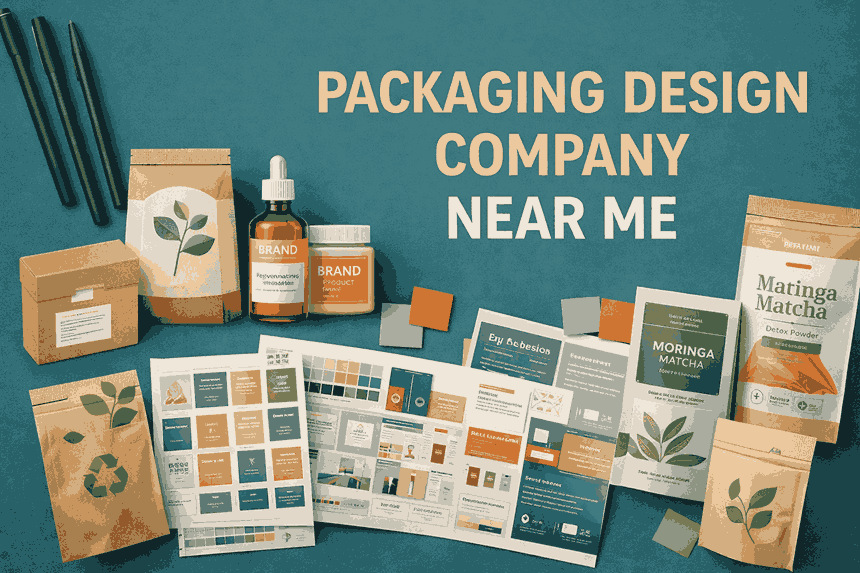 Packaging design company near me cover image showcasing professional packaging designs, eco-friendly boxes, bottles, and branding elements