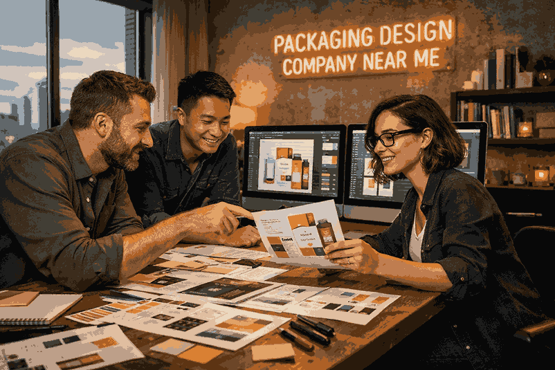 Modern creative studio workspace of a packaging design company near me with professional designers reviewing premium packaging layouts