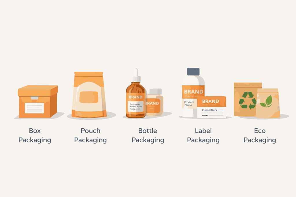 Infographic showing box, pouch, bottle, label, and eco packaging types designed by a packaging design company near me