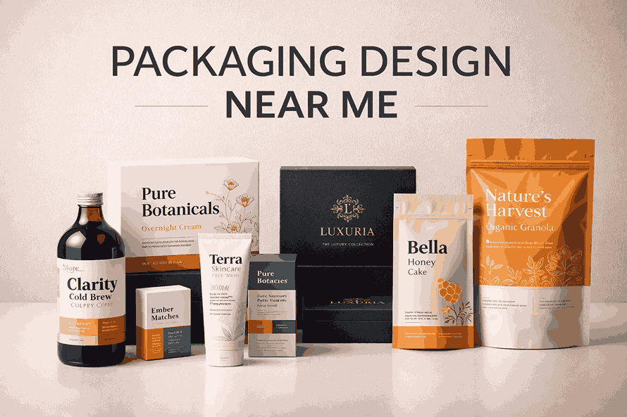 Premium packaging design near me cover image showcasing branded product packaging with modern typography
