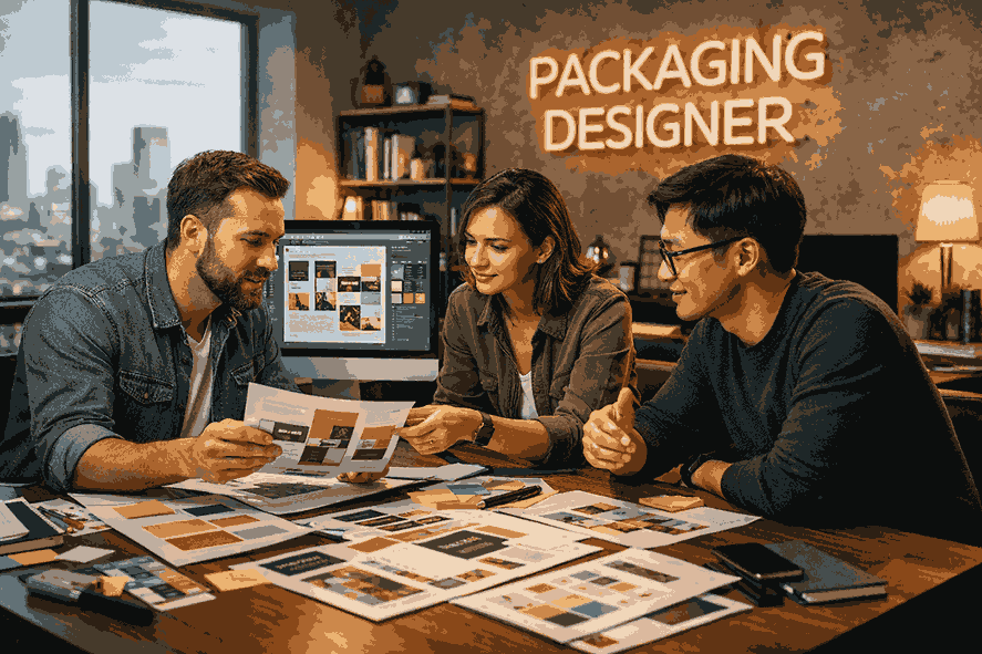 Professional packaging designer team collaborating on packaging layouts in a modern creative studio