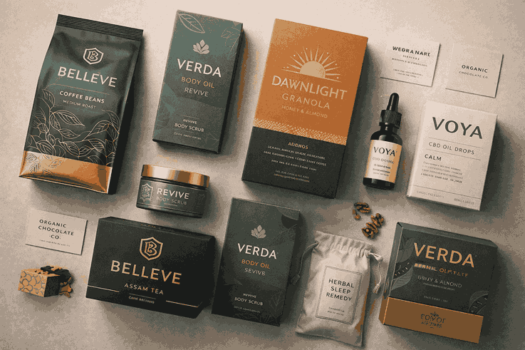 Flat lay of professional packaging designs showcasing boxes, pouches, labels, and bottles with brand consistency