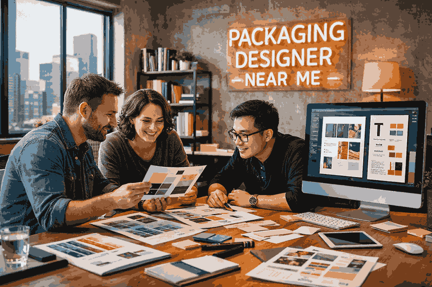 Packaging designer near me collaborating on professional product packaging design in a modern creative studio