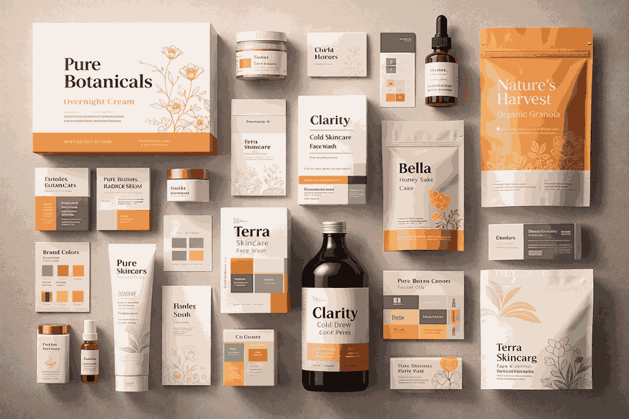 Flat lay of professional packaging designs showcasing boxes, pouches, labels, and bottles by a packaging designer near me