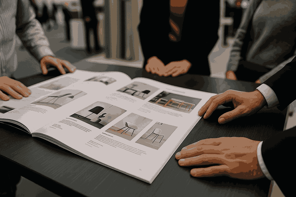 Premium printed catalogue open on exhibition tabletop with visitors browsing, professionally designed by catalogue designer