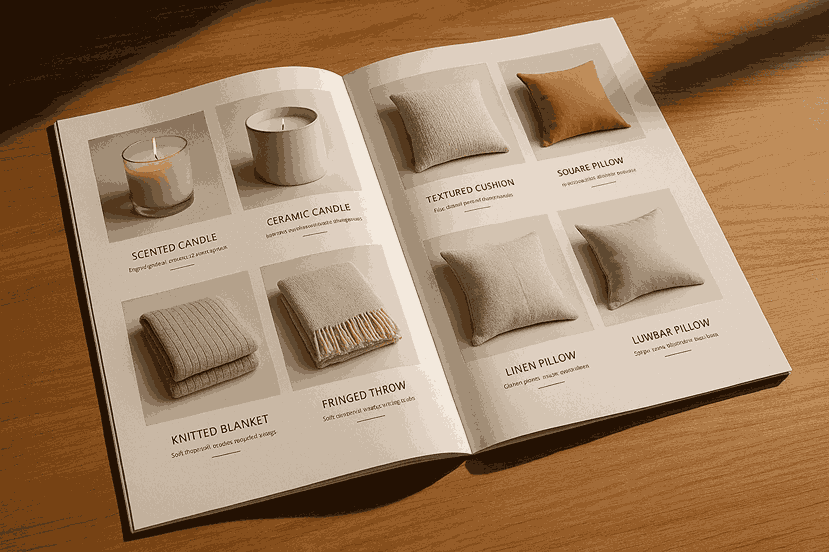 premium printed product catalogue on wooden desk showcasing home decor items in clean modern layout