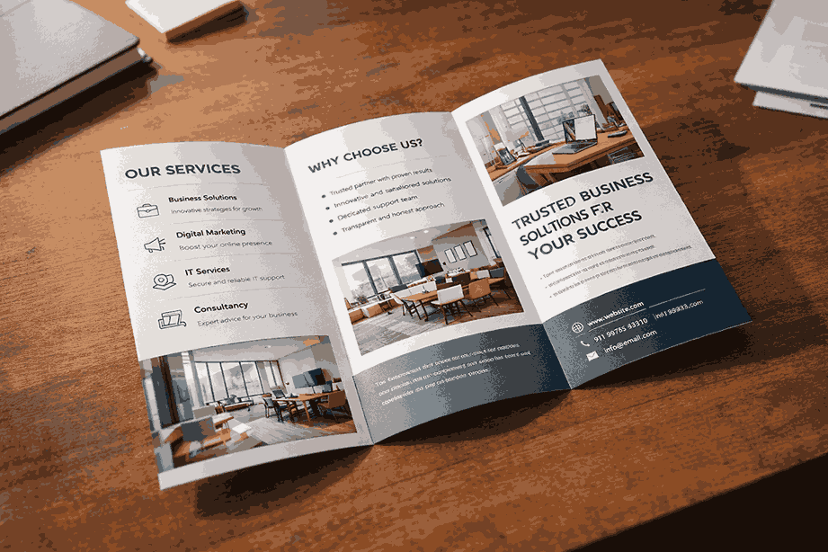 Premium printed tri-fold brochure design in India with clean layout, sharp typography, and professional branding