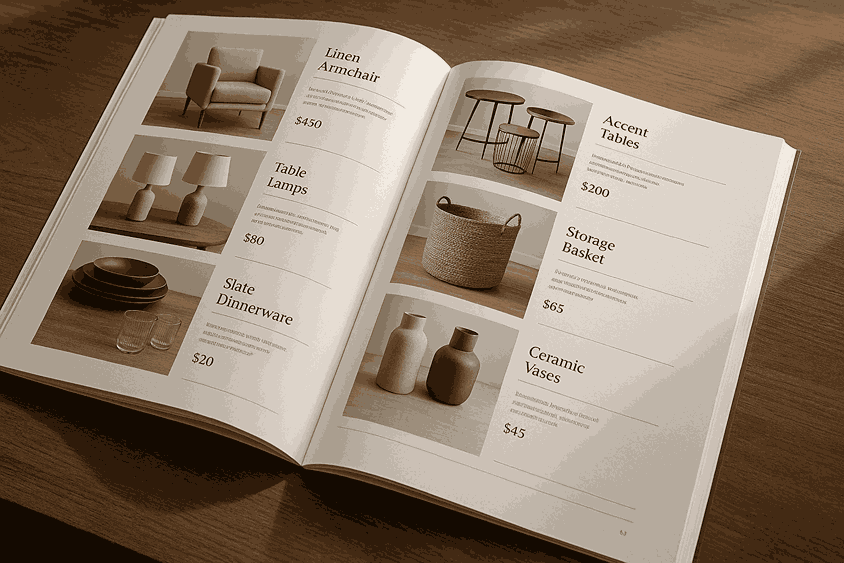 Premium printed product catalogue design lying open on wooden desk with clean typography and professional layout