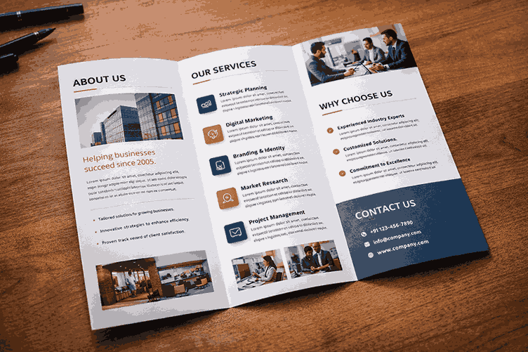 Premium tri-fold brochure design with clean layout, sharp typography and professional presentation by brochure designers in India