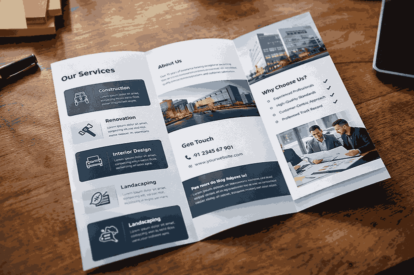 Premium tri-fold brochure design with clean layout, sharp typography, and service icons displayed on a wooden desk in a professional presentation style
