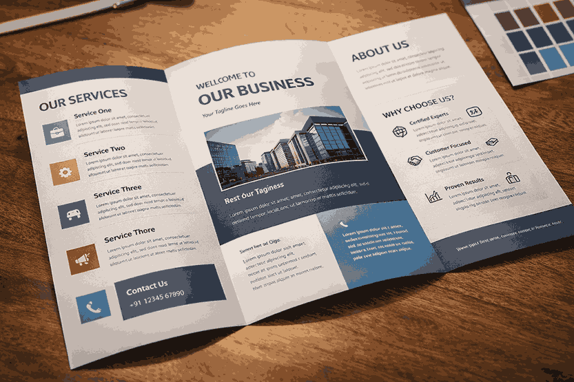 Premium tri-fold brochure design created by a professional brochure designer in Pune with clean layout, sharp typography, and service icons