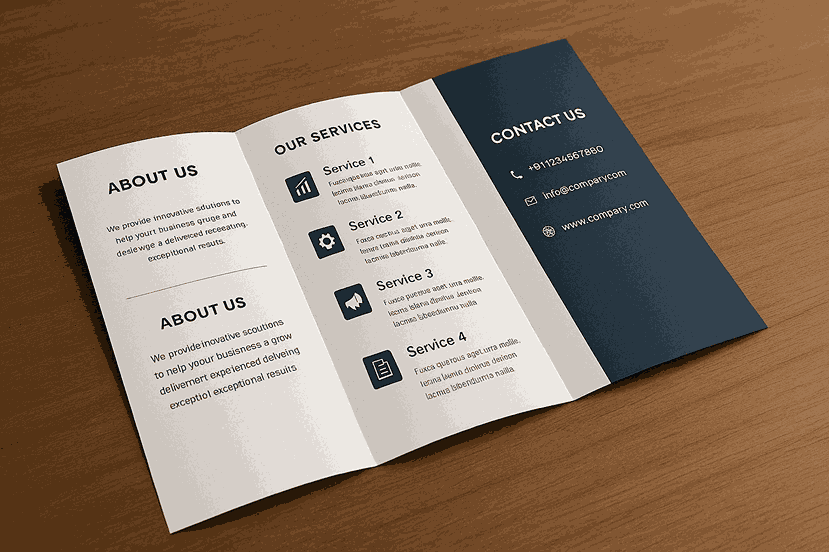 Premium printed tri-fold brochure design displayed on a wooden desk with clean sections, sharp typography, service icons, and professional layout.