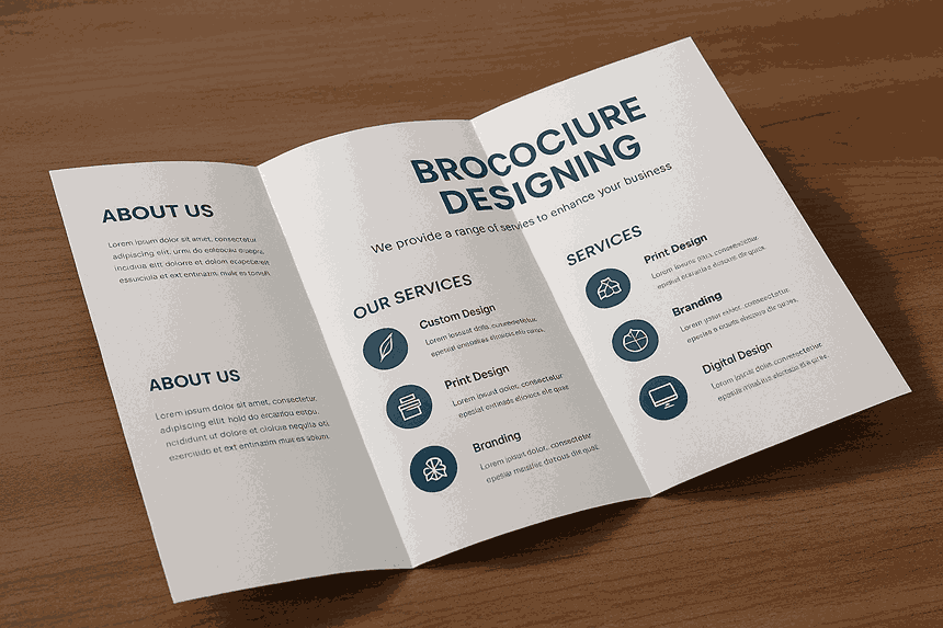 A premium printed tri-fold brochure design displayed on a wooden desk featuring a clean sectioned layout, sharp typography, service icons, and professional lighting.