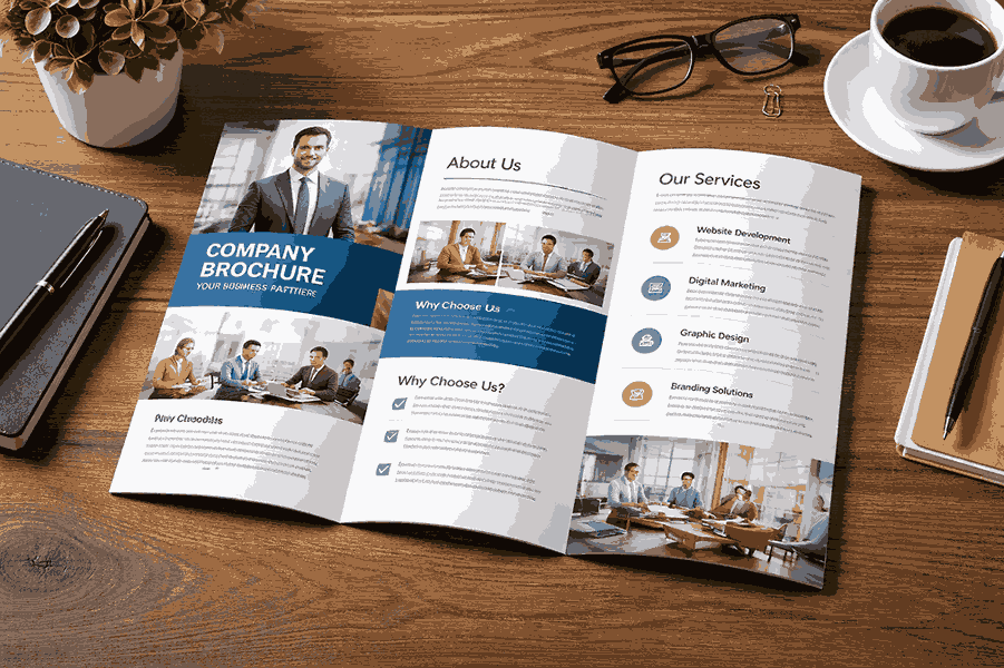 Premium printed tri-fold brochure design created by professional brochure designers in PCMC with clean layout, sharp typography, and service icons