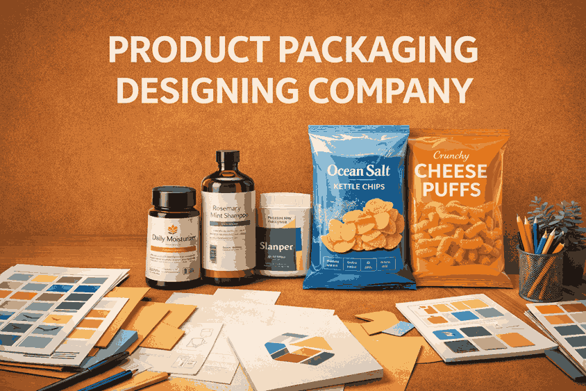Product packaging designing company cover image showcasing professional food, cosmetic, and retail packaging designs with creative branding elements
