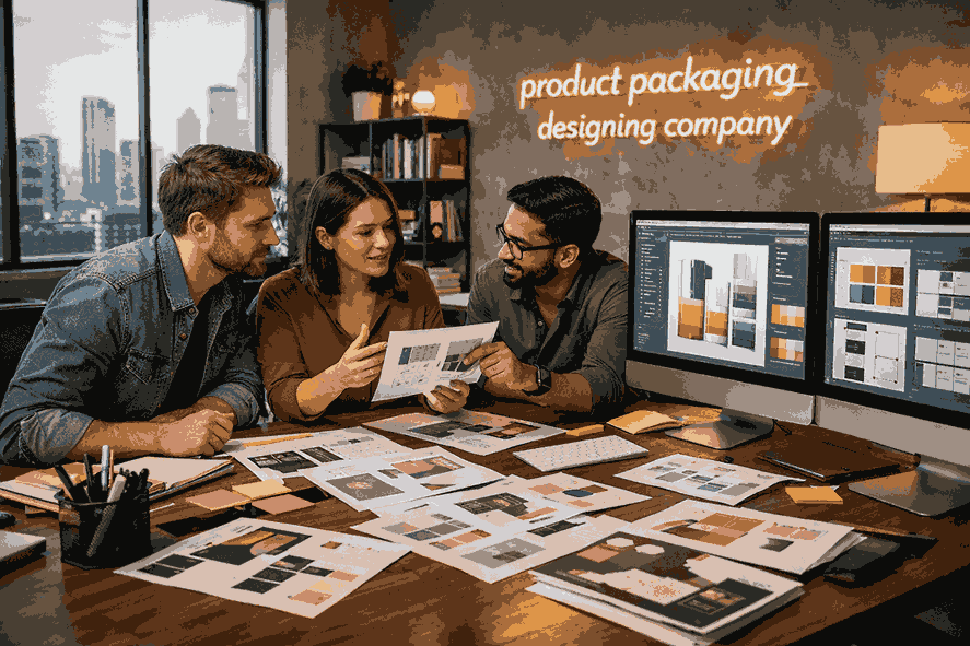 Creative team working in a modern studio of a product packaging designing company, reviewing premium packaging layouts and brand designs