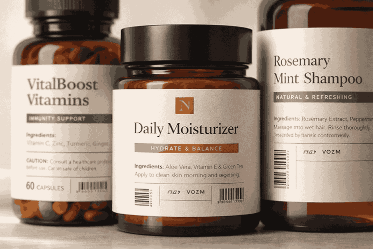 Close-up of product labels on bottles and jars designed by a product packaging designing company, showing clean typography, ingredients, barcode, and branding