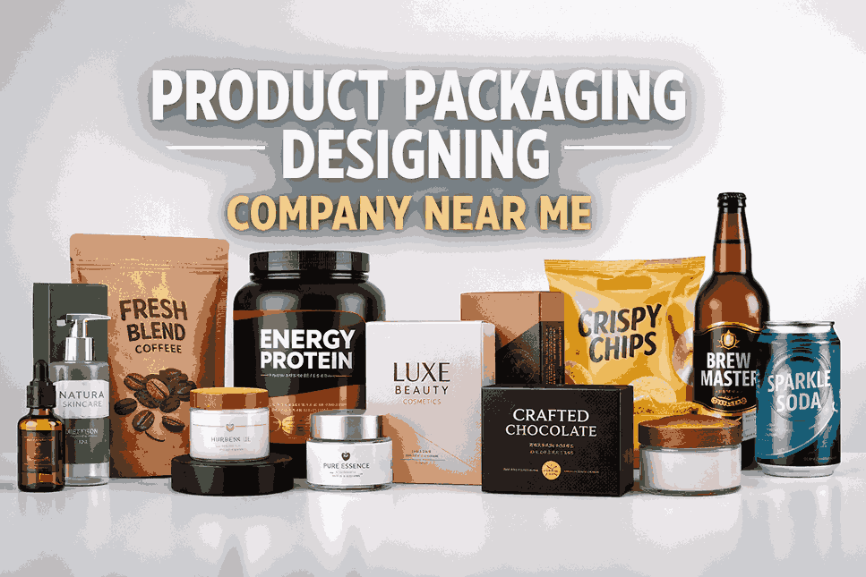 Product packaging designing company near me showcasing premium branded packaging designs in a modern studio setup