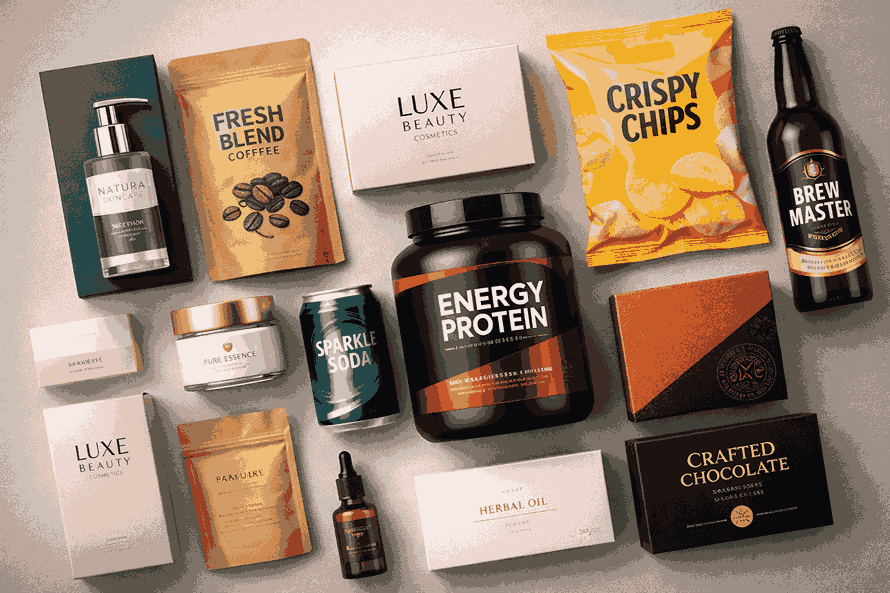 Flat-lay product packaging designs by a product packaging designing company near me featuring boxes, pouches, labels, and bottles