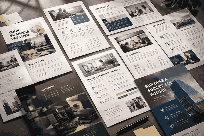Flat-lay view of professionally designed brochure pages with clean typography, service icons, and sectioned layouts on a desk