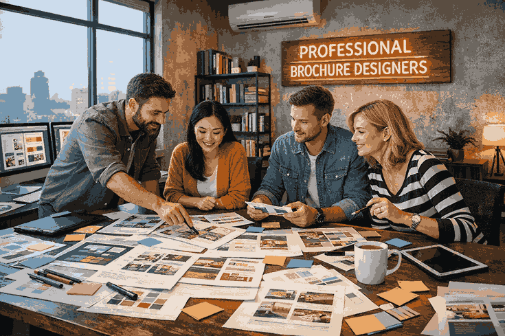 A team of professional brochure designers collaborating in a modern creative studio with brochure layouts, colour palettes, and branding concepts on the desk.