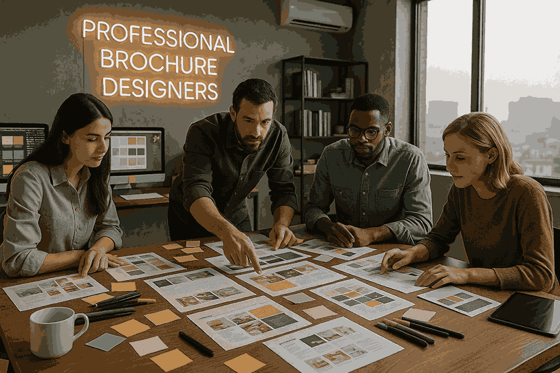 Professional brochure designers collaborating in a modern creative workspace with catalogue layouts, design tools, and branding concepts on a desk.