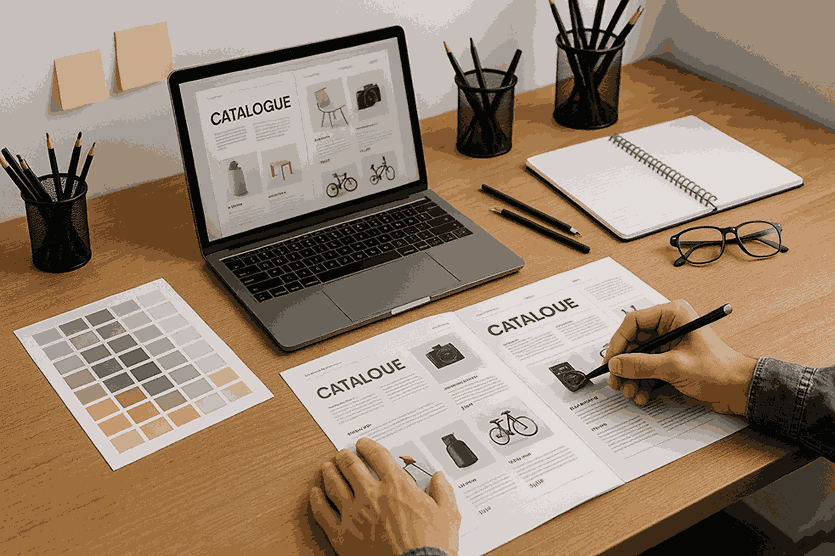 Professional workspace of a catalogue designer working on a catalogue layout mockup on laptop and print sheets