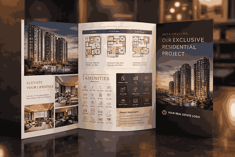 Real estate brochure design in India showing project renders, floor plans, amenities grid, and premium typography in a modern layout.
