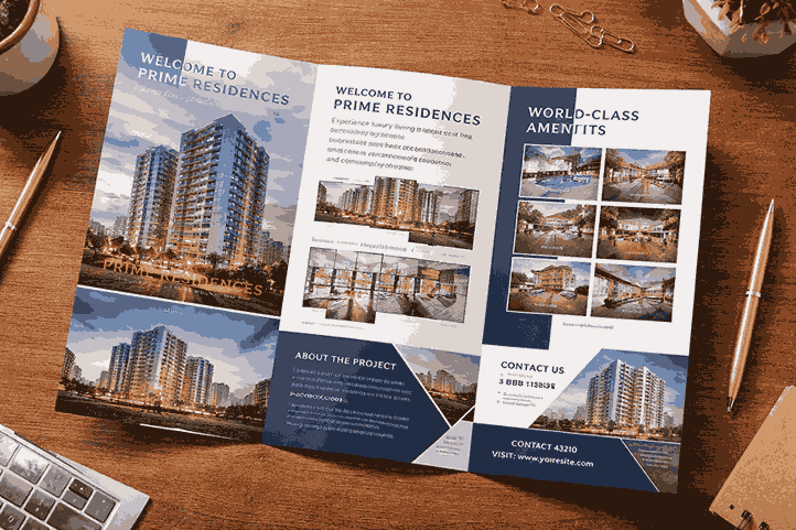 Real estate brochure design featuring project renders, floor plans, amenities grid, and premium typography in a modern layout