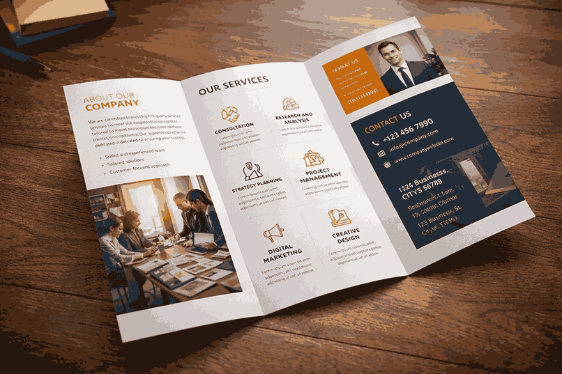 Premium tri-fold brochure design in PCMC displayed on a wooden desk with clean layout, sharp typography, and professional service icons