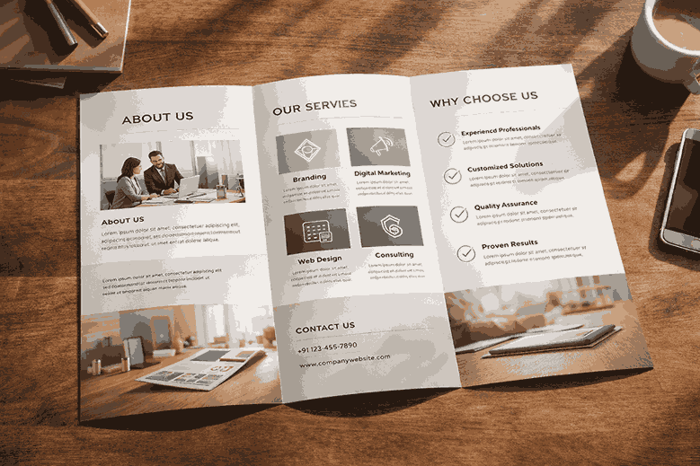 Premium printed tri-fold brochure created using professional brochure designing services with clean layout, sharp typography, and service icons