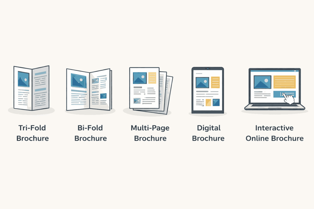 Infographic showing types of brochures including tri-fold, bi-fold, multi-page, digital brochure, and interactive online brochure.