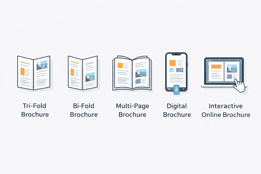 Infographic showing types of brochures including tri-fold brochure, bi-fold brochure, multi-page brochure, digital brochure, and interactive online brochure