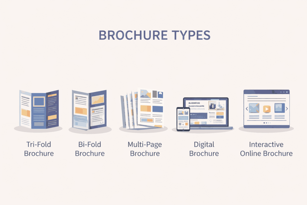 Infographic showing types of brochures including tri-fold brochure, bi-fold brochure, multi-page brochure, digital brochure, and interactive online brochure