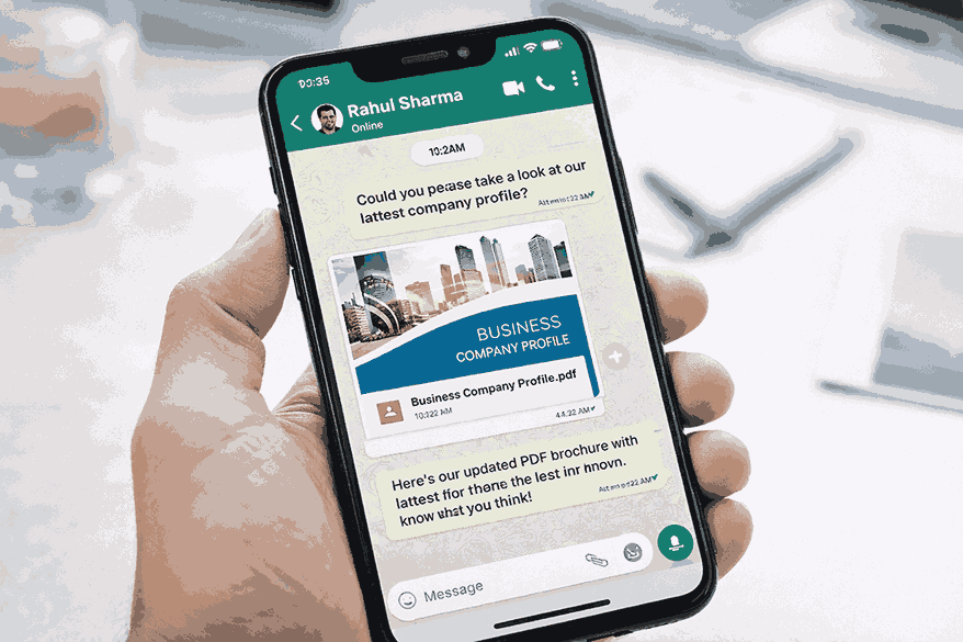 Smartphone showing WhatsApp conversation where a PDF brochure is shared, highlighting digital brochure marketing by a professional brochure designer in India.