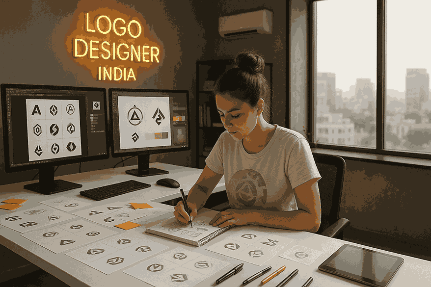 Young female logo designer sketching logos at white desk in Logo Designer India studio with dual monitors in Pune