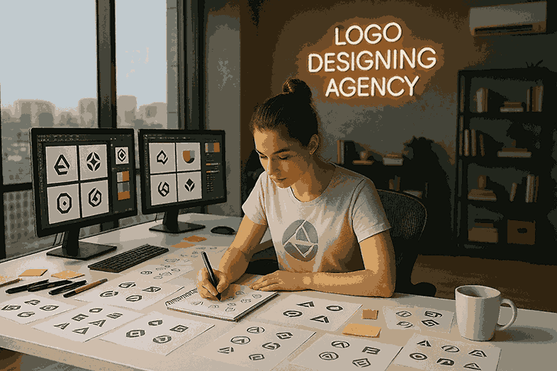 Young female designer sketching logo concepts inside a professional LOGO DESIGNING AGENCY studio workspace in 2025.