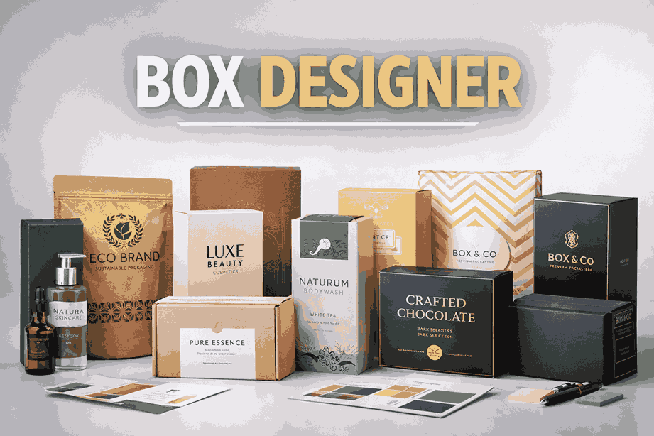 BOX DESIGNER cover image showcasing professional box packaging designs with premium branding elements