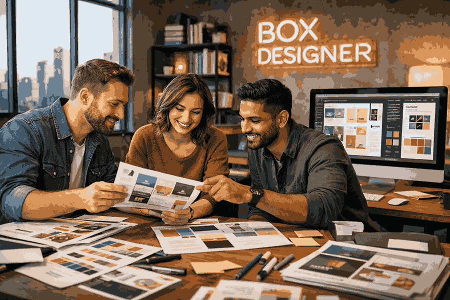 Professional box designer team collaborating on premium packaging design layouts in a modern creative studio workspace