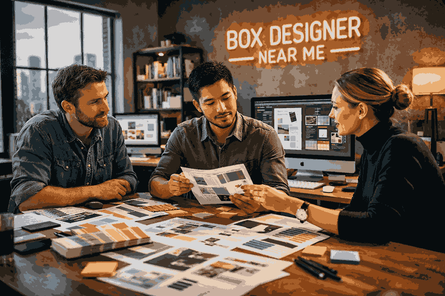 Professional box designer near me collaborating on premium packaging box design in a modern creative studio