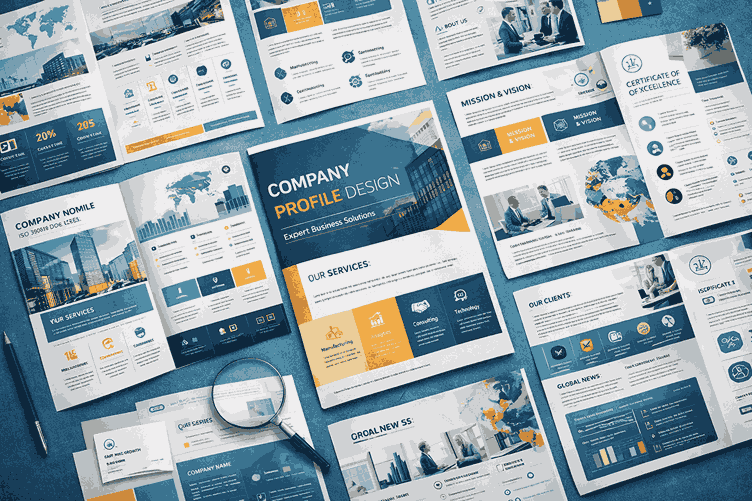 Flat-lay view of multiple company profile designs with clean typography, consistent branding, and professional corporate layouts